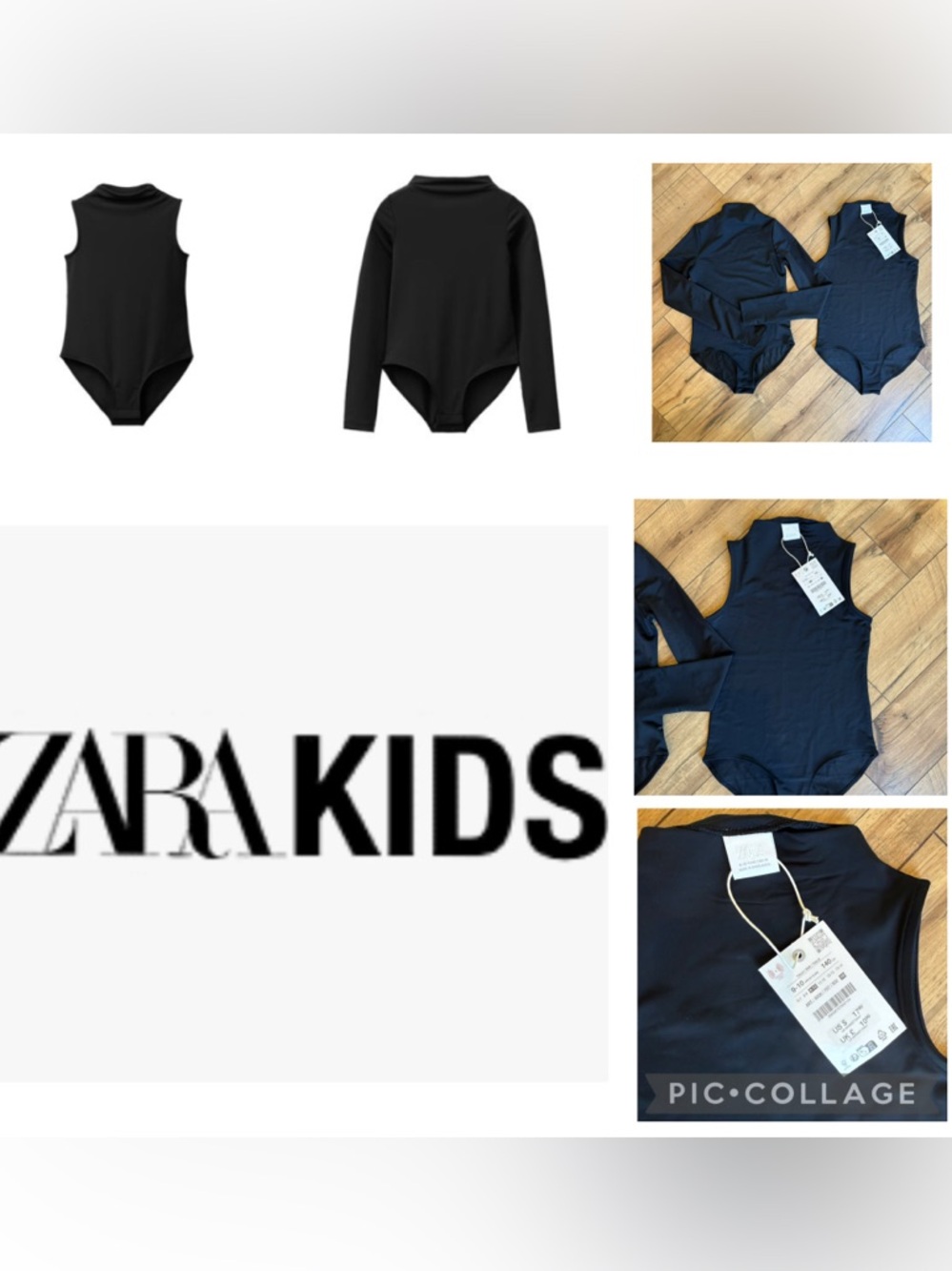 Zara Kids Black Long-Sleeve One-Piece Bodysuit LOT of 2, Girls 9-10